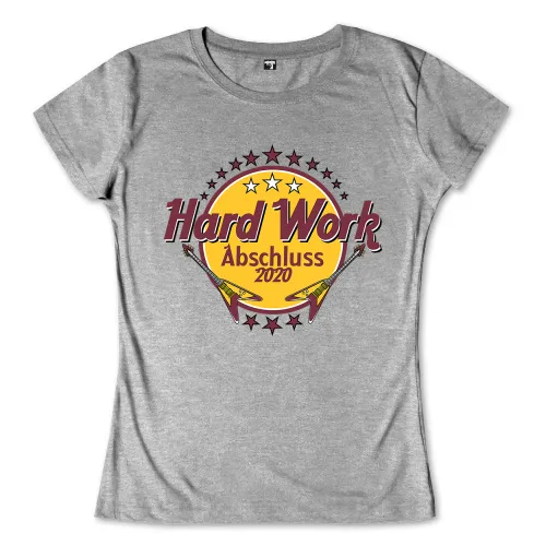 Grafik mit gelbem Kreis, zwei Gitarren, Text "Hard Work Abschluss 2018" und Sternen.