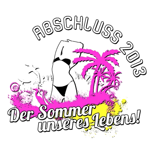 Grafik mit Text 'Abschluss 2013' und 'Der Sommer unseres Lebens', Palmen, Flamingo und Farbspritzer auf türkisem Hintergrund.