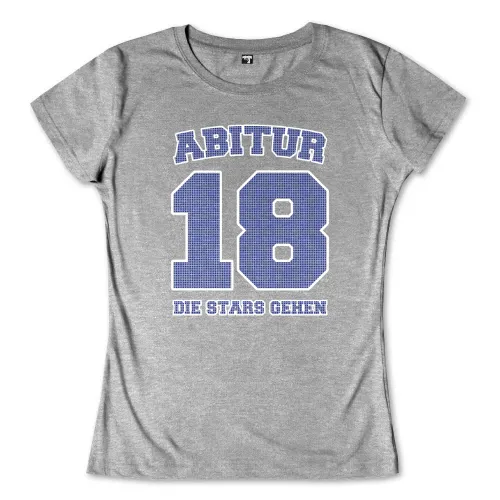 Grauer Hintergrund mit blauem "18" und Text "ABITUR" und "DIE STARS GEHEN".