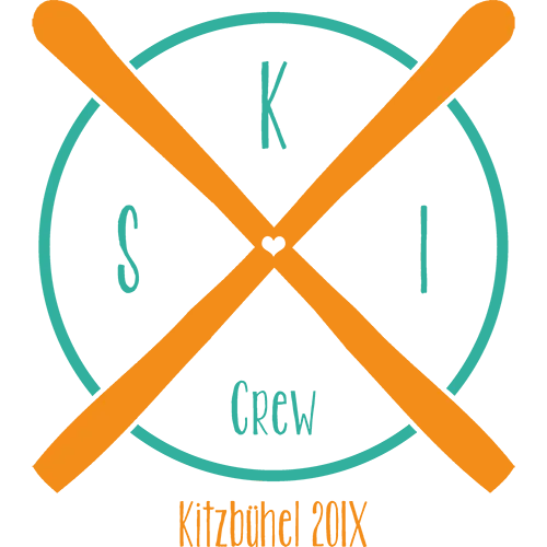 Grafik mit gekreuzten Skistöcken und Buchstaben SKI, darunter "Crew Kitzbühel 20xx" auf dunklem Hintergrund.