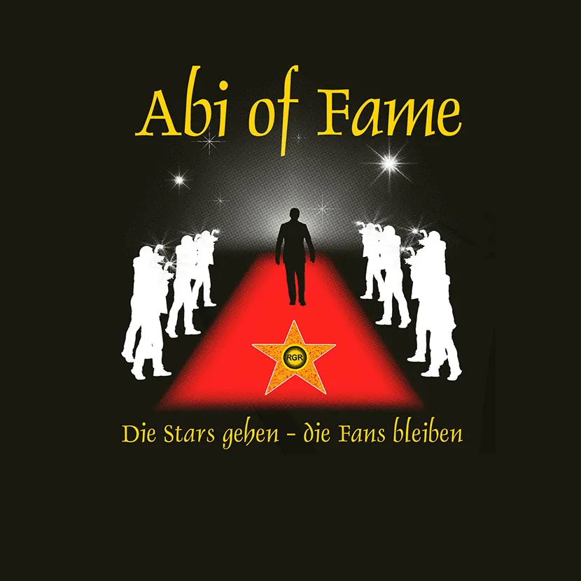 Eine Person läuft auf einem roten Teppich zwischen jubelnden Silhouetten und einem Stern.