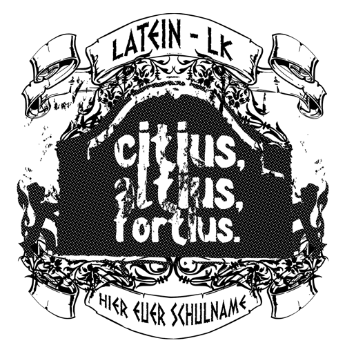 Gelbes T-Shirt mit schwarzem lateinischen Spruch und dekorativem Rahmen, Textfeld für Schulname.