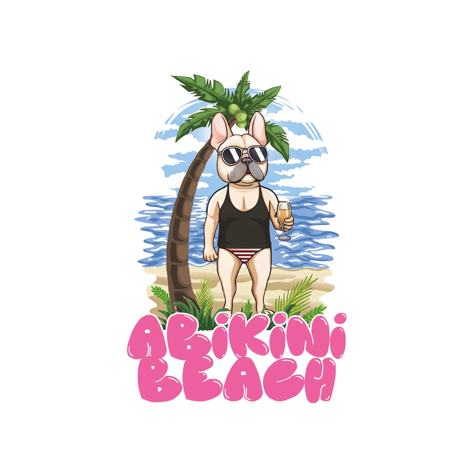 Cartoon Hund in Sonnenbrille und Badebekleidung hält Drink am Strand vor Palme und Ozean unter dem Schriftzug ABI KINI BEACH