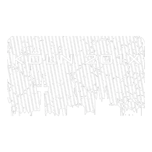 Abstraktes Bild von Köln Silhouette mit Strichcode und Jahr '20XX'.