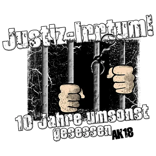 Illustration mit Händen hinter Gittern und Text "Justiz-Irrtum! 10 Jahre umsonst gesessen"