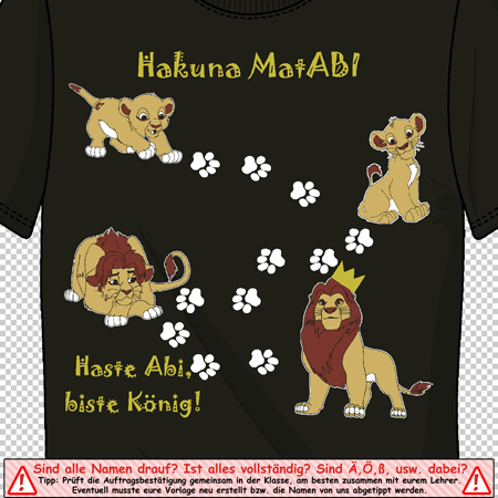 Schwarzes T-Shirt mit "Hakuna MatABI" Text und "Haste ABI, biste König!" sowie Abbildungen von Löwen und Pfotenabdrücken.