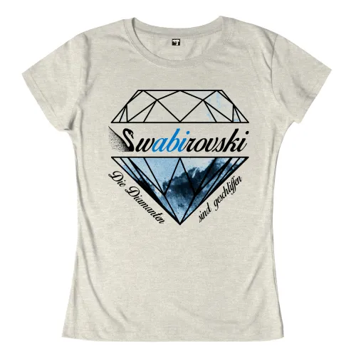 Grafik eines Diamanten mit dem Text "Swabirovski Die Diamanten sind geschliffen" in Schwarz und Blau.