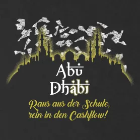 Silhouette einer Stadtlandschaft über Text 'Raus aus der Schule, rein in den Cashflow!' in Gold.