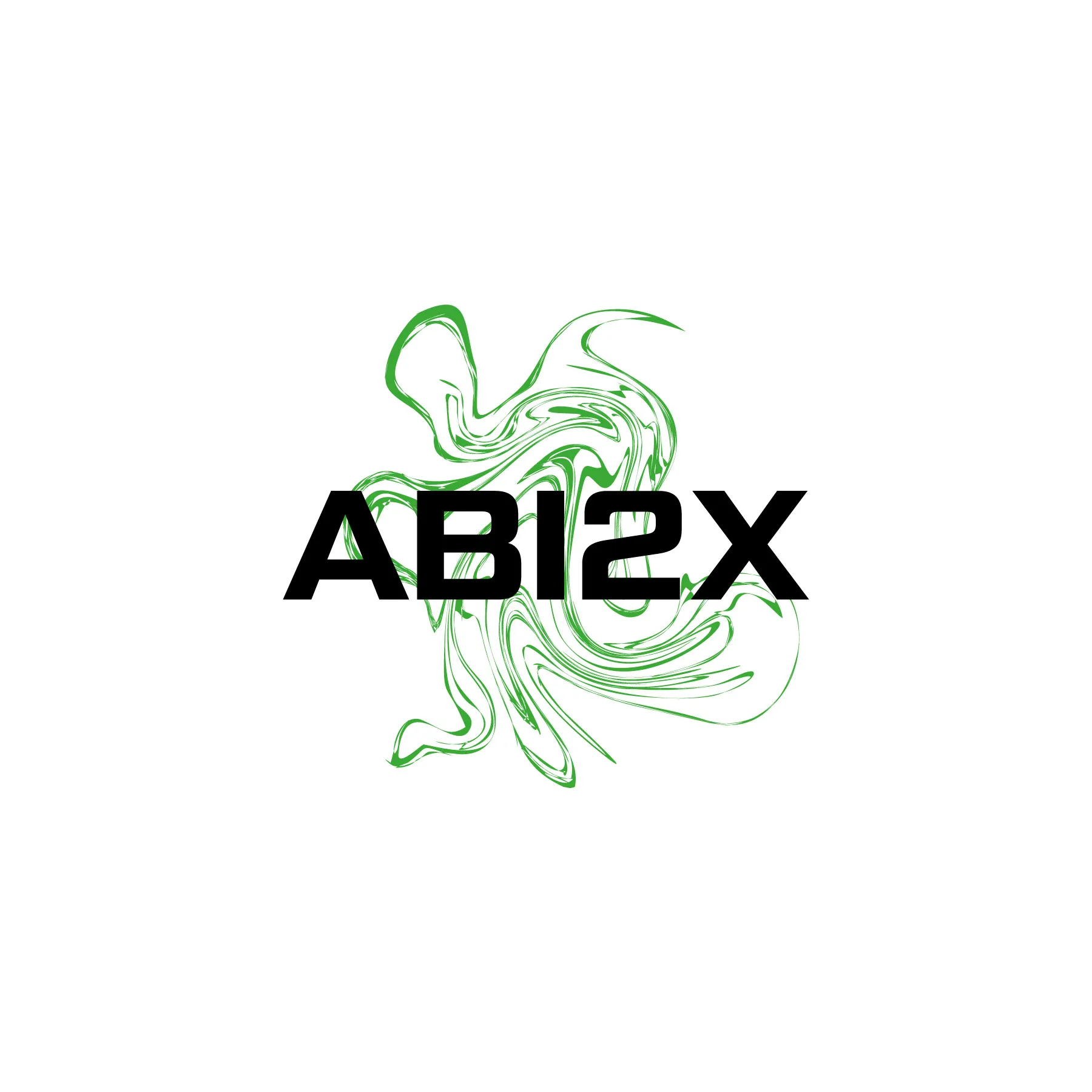 Schwarzer Schriftzug AB12X vor gruenen abstrakten Wirbelformen auf weissem Hintergrund