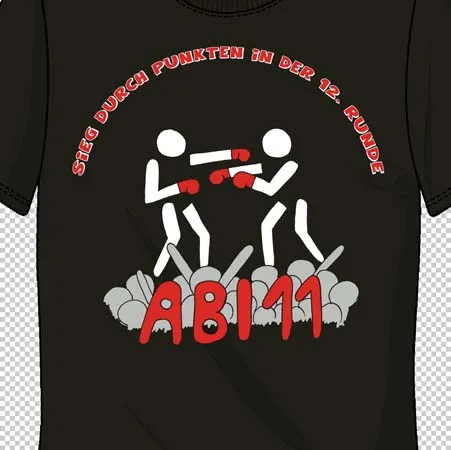 Schwarzes T-Shirt mit grafischem Motiv, darstellend zwei Figuren, die Boxen, darüber Text und unten das Wort "ABI11".