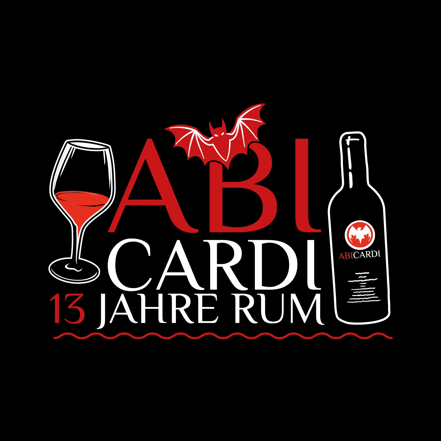 Logo auf schwarzem grund mit roter Fledermaus ueber rotem ABI Schriftzug links Weinglas rechts Rumflasche mit ABICARDI Schrift und 13 Jahre Rum