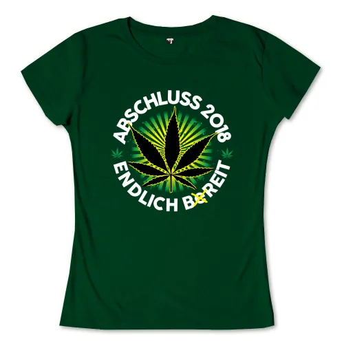 Gruenes Design mit einer grossen Hanfblattle und Text: Abschluss 2018, Endlich bereit.