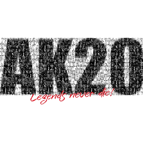 Schwarz-weiß Mosaik aus vielen kleinen Fotos formt die Buchstaben "AK47" und den Schriftzug "Legends never die!" in Rot.