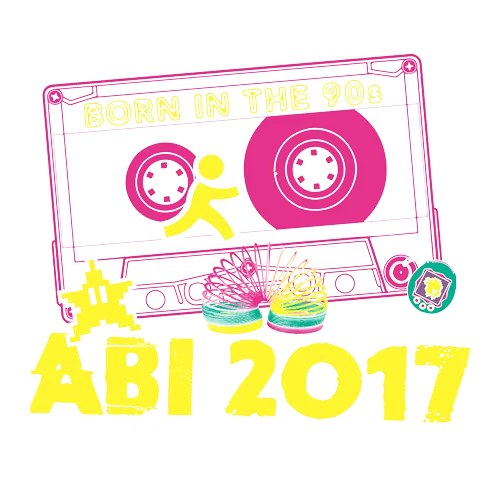 Schwarzes T-Shirt-Design mit einer bunten Kassette, "Born in the 90s", "ABI 2017" und Berliner Skyline.