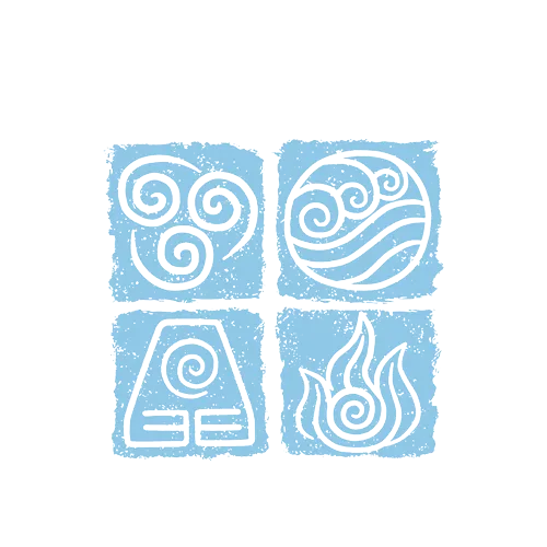 Vier Symbole für Elemente (Erde, Wasser, Luft, Feuer) in blauen Quadraten, weißer Text "ABITAR" darüber, Slogan unten.