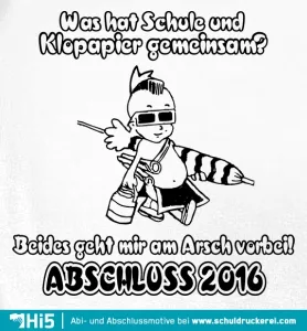 Zeichnung eines Teenagers mit Sonnenbrille, Rucksack und Toilettenpapier, Text darüber und darunter.