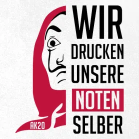 Ein grafisches Plakat in Schwarz, Weiß und Rot mit Profilansicht einer Person und dem Text "WIR DRUCKEN UNSERE NOTEN SELBER AK20".