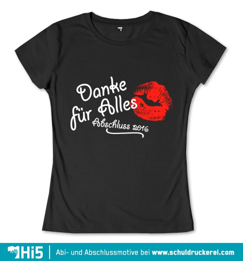 Schwarzes Bild mit roten Lippen, Text "Danke für Alles Abschluss 2016" und Website.