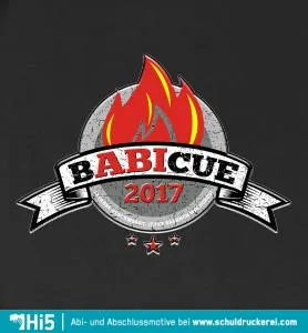 Logo mit Text "Barbecue 2017", roten Flammen und grauem Schild im Hintergrund.
