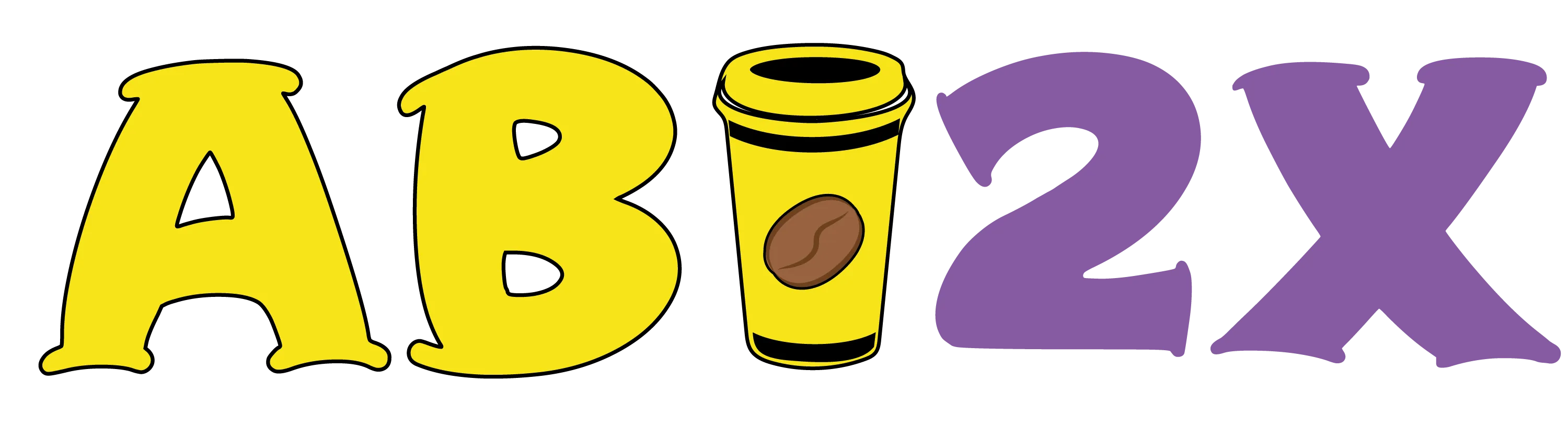 Gelbe Buchstaben A B gelber Kaffeebecher mit Kaffeebohne Symbol lila 2 X auf schwarzem Grund