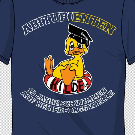 Blaues T-Shirt mit gelber Ente in Doktorhut auf einem Rettungsring, Text "Abiturienten 13 Jahre Schwimmen auf der Erfolgswelle"