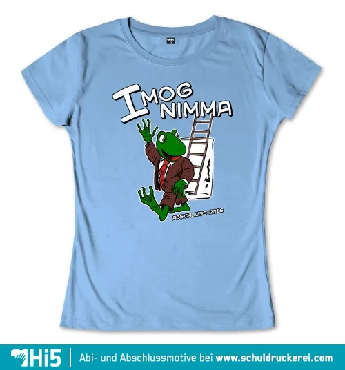 Grafik eines Frosches in Anzug, der eine Leiter hält, mit Text "IMOG NIMMA ABSCHLUSS 2016".