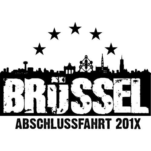 Schwarze Silhouette von Brüssels Skyline und Sternen mit Text "BRÜSSEL ABSCHLUSSFAHRT 201X" auf grauem Hintergrund.