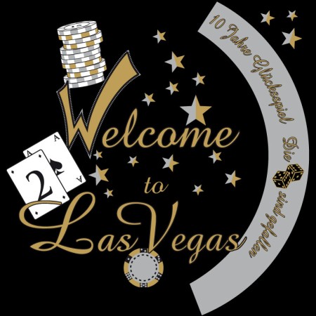 Grafik mit "Welcome to Las Vegas"-Text, Spielkarten, Chips und Sternen.