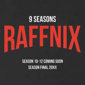 Grafik mit Text "9 SEASONS AFFN" und "SEASON 10-12 COMING SOON SEASON FINAL 20XX" in Rot und Schwarz.