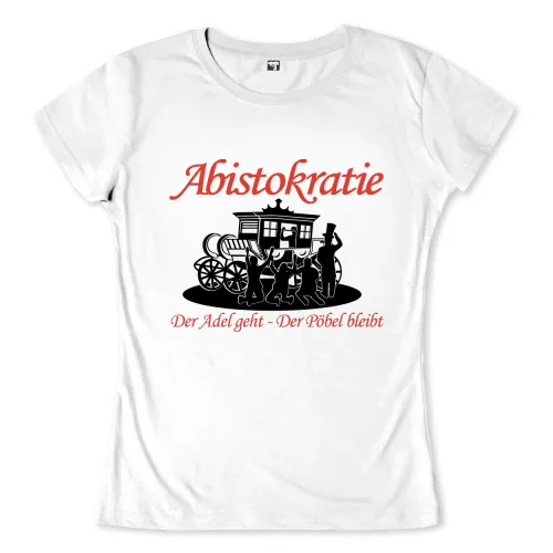 Illustration einer Gruppe von Personen, die einen alten Dampfzug schieben, mit dem Text "Abistokratie" oben und einem Spruch unten.