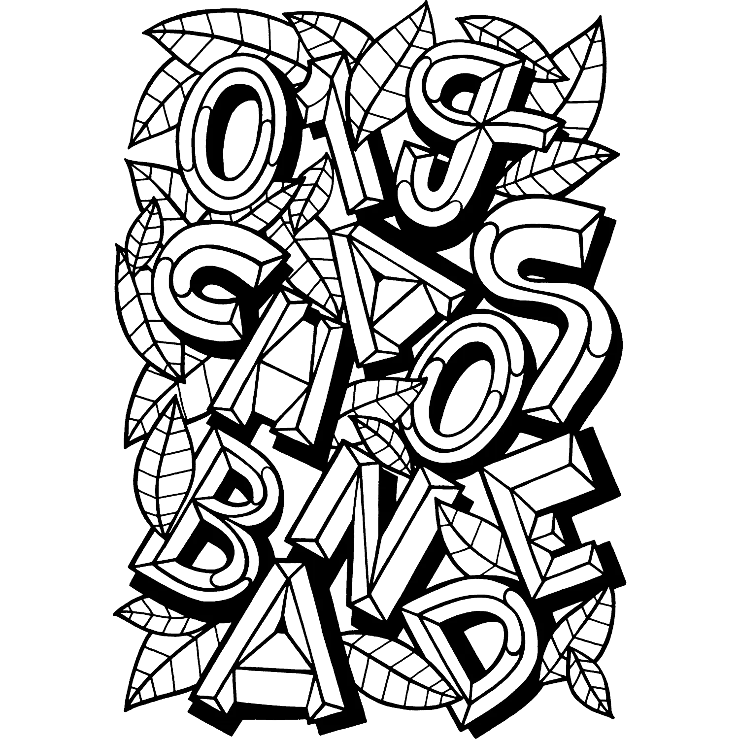 Verschachtelte 3D-Buchstaben in Schwarzweiß.