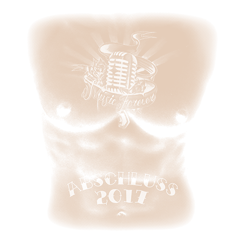 Männlicher Oberkörper mit Tattoo "Abschluss 2017", Mikrofon und Banner "Musik forever".