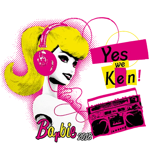 Illustration von Barbie mit Kopfhörern, neben Text "Yes we Ken!" und einem Boombox-Bild.