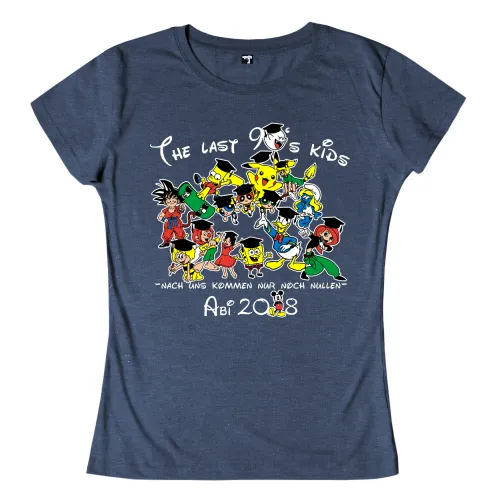 Gruppe von Cartoon-Charakteren auf blauem Hintergrund mit Text "The Last 90's Kids" und "Abi 2018".