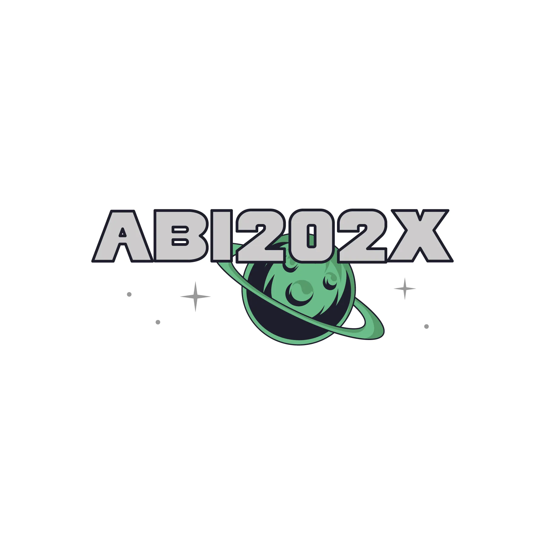 Logo with text ABI202X above a green cratered planet with a ring and small stars and dots on white background