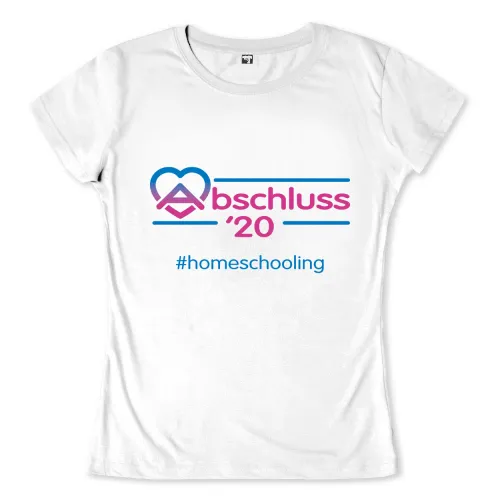 Grafik mit Text "Abschluss '20" und "homeschooling", Herz und Buchsymbol in Blau und Pink auf weißem Grund.