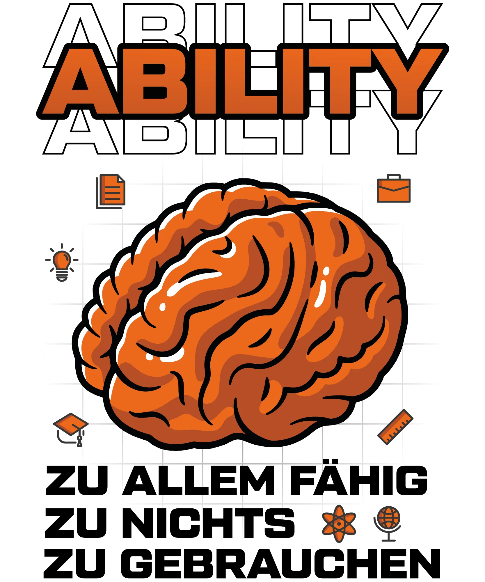 Orange Gehirn auf weissem Raster mit Symbolen fuer Dokument Brief Gluehbirne Muetze Lineal Atom Globus und Schriftzug ABILITY oben