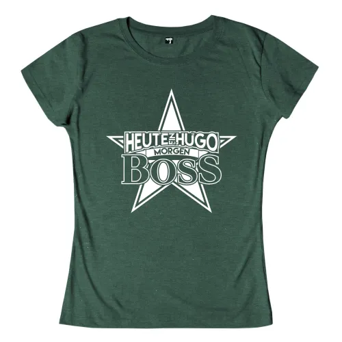 Schwarzes sternförmiges Logo mit den Worten "Heute Hugo Morgen Boss" in einem 3D-Effekt.