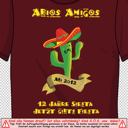 Rotes T-Shirt mit einem Kaktus in einem Sombrero, umgeben von den Worten "Abios Amigos" und "12 Jahre Siesta Jetzt gibt's Fiesta".