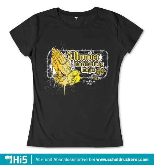 Grafik von gefalteten Händen, Rosen, geleerter Farbdose auf schwarzem Grund, Text "Abi-Abschluss 2012".