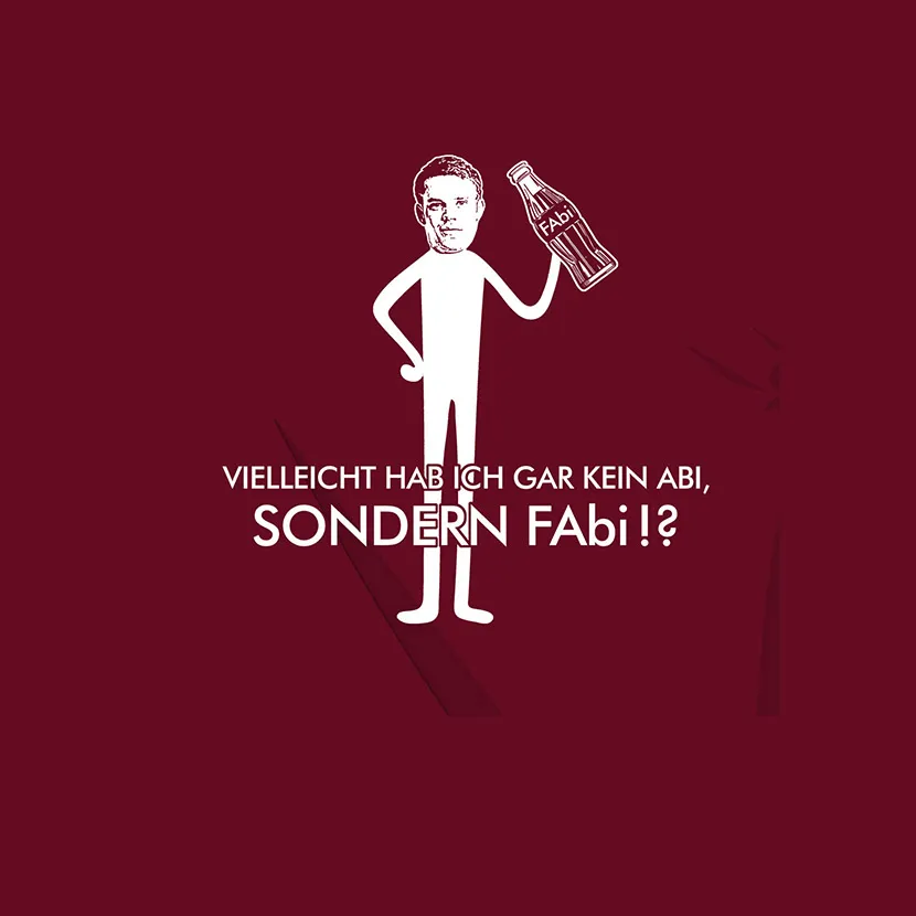 illustration_mit_text_und_flasche Illustration einer Figur mit einer Flasche und dem Text "Vielleicht hab ich gar kein Abi, sondern Fabi!?" auf rotem Hintergrund.