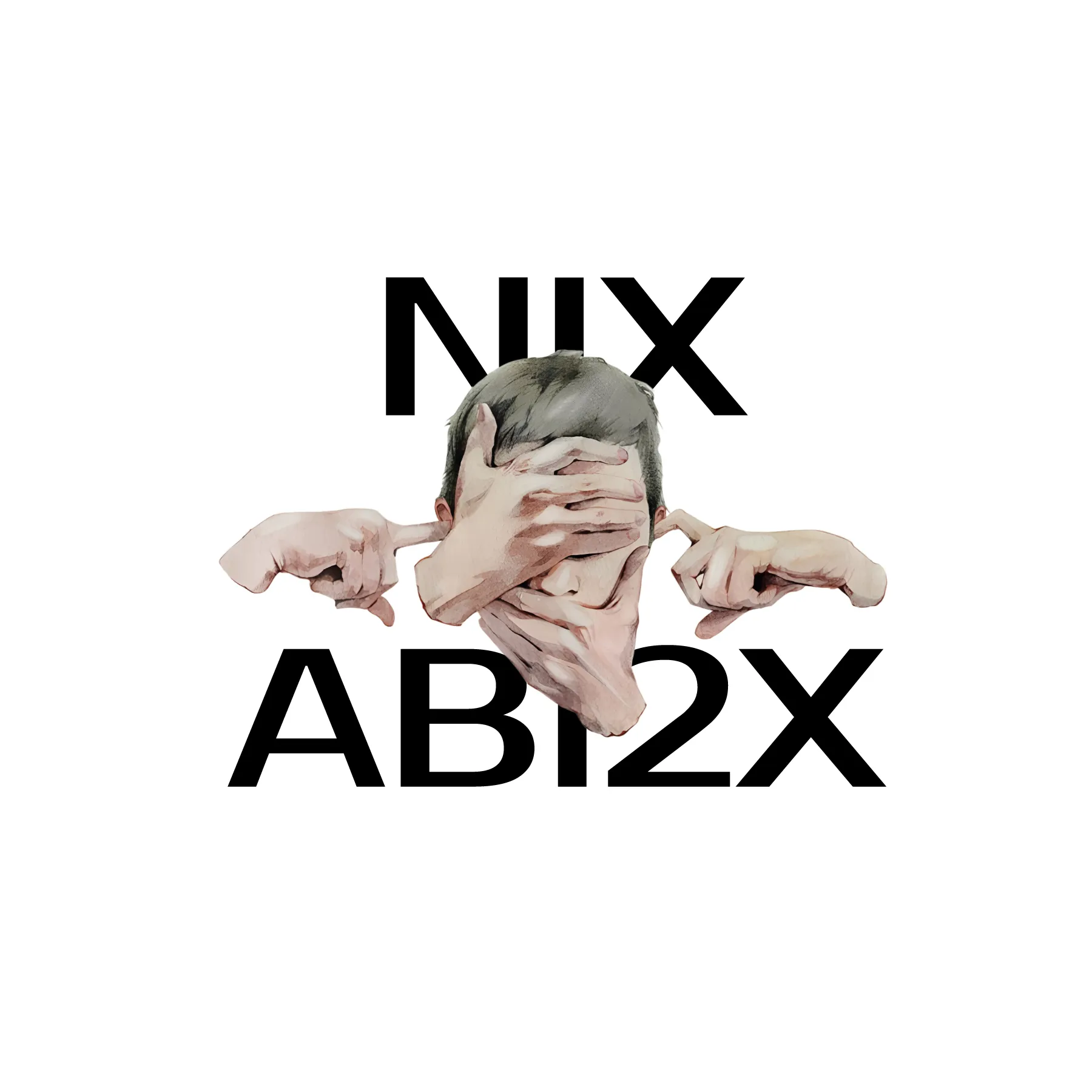 Illustration eines Kopfes dessen Augen Mund und Ohren von fuenf Haenden bedeckt vor schwarzem Text NIX AB12X