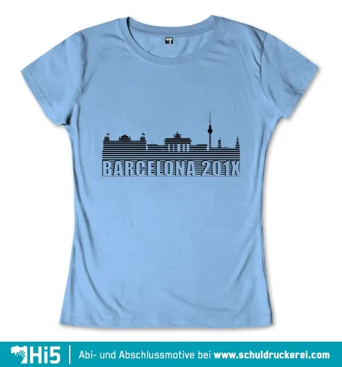 Schwarze Skyline von Barcelona mit "BARCELONA 2011" auf blauem Stoff.