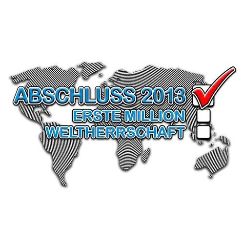 Grafik mit Weltkarte und Text "Abschluss 2013, Erste Million, Weltherrschaft" auf grünem Hintergrund.