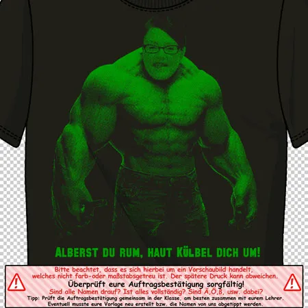 t_shirt_mit_gruenem_muskuloesem_mann Alberst du rum haut Kuebel dich um design