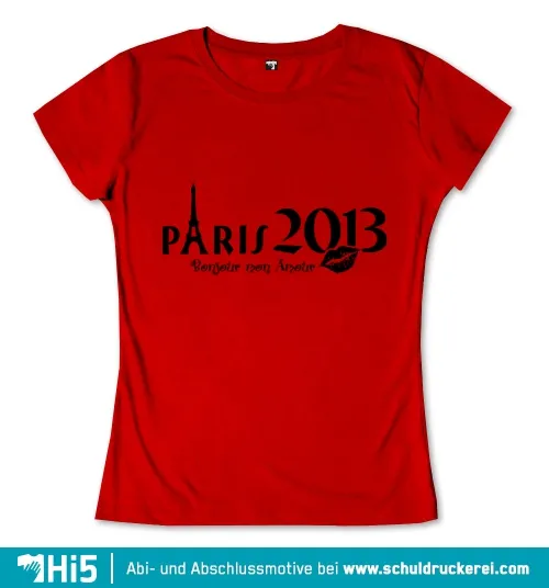 Design mit Text "PARIS 2013", Eiffelturm-Silhouette und Kussmund auf rotem Hintergrund.