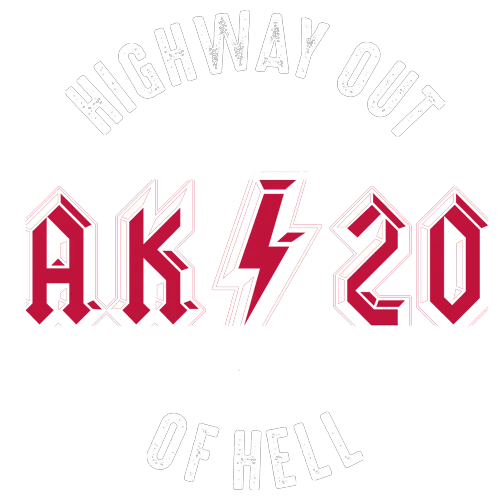 Grafik mit den Worten "HIGHWAY OUT 86420 OF HELL" in einem gestapelten Layout, hauptsächlich in Schwarz und Rot.