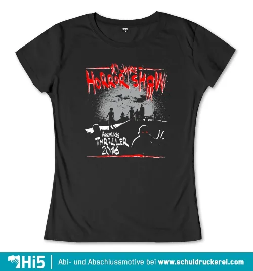 Silhouetten von Personen vor einer blutigen Schrift mit dem Text '12 Jahre Horrorshow' und 'Abschluss Thriller 2016'.