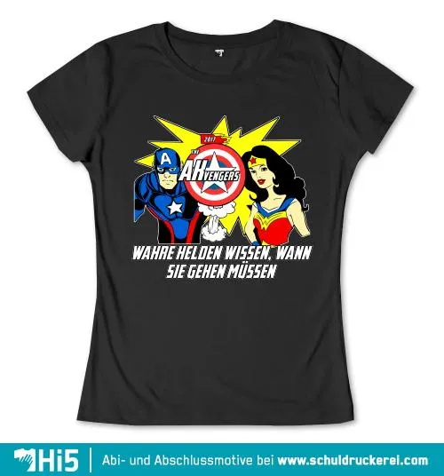 Zeichnung von zwei Superhelden mit dem Text "The AKvengers" und "Wahre Helden wissen, wann sie gehen müssen".