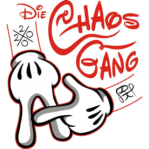Weißes Logo mit einem Cartoon-Handcharakter, der eine Brille hält, umgeben von roter Schrift "Die Chaos Gang".